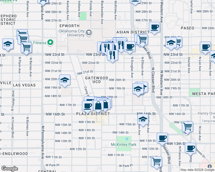 map of restaurants, bars, coffee shops, grocery stores, and more near 1612 Northwest 20th Street in Oklahoma City