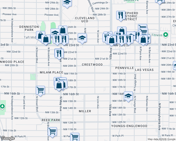 map of restaurants, bars, coffee shops, grocery stores, and more near 2708 Northwest 20th Street in Oklahoma City