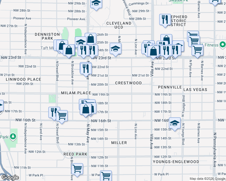 map of restaurants, bars, coffee shops, grocery stores, and more near 2746 Northwest 20th Street in Oklahoma City