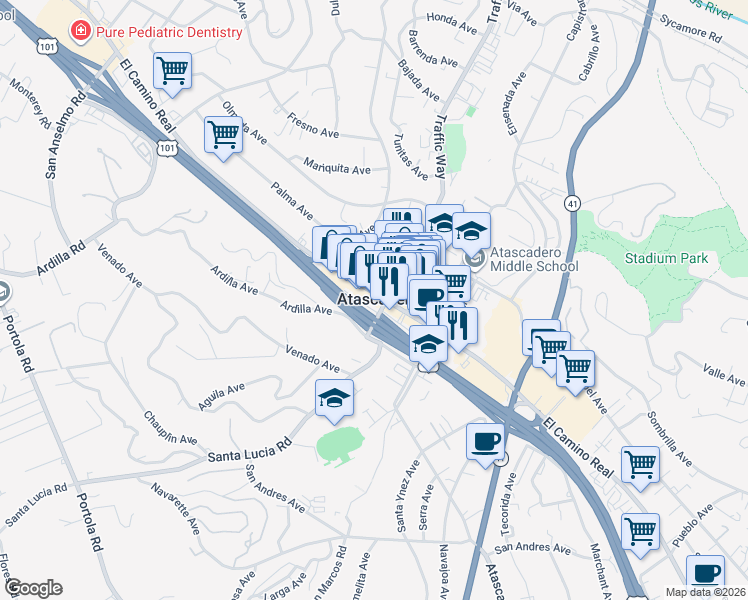 map of restaurants, bars, coffee shops, grocery stores, and more near in Atascadero