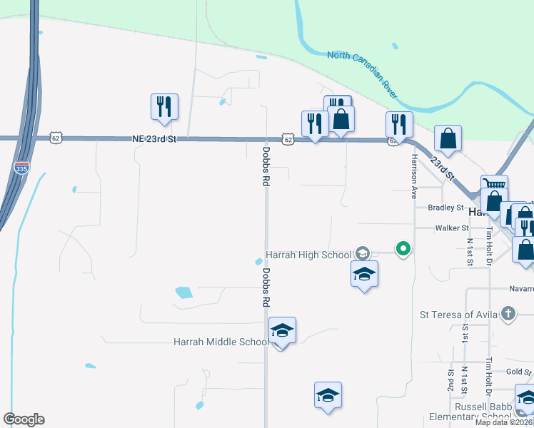 map of restaurants, bars, coffee shops, grocery stores, and more near 2129 Dobbs Road in Harrah