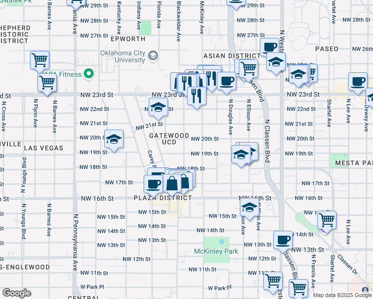 map of restaurants, bars, coffee shops, grocery stores, and more near 1612 Northwest 20th Street in Oklahoma City