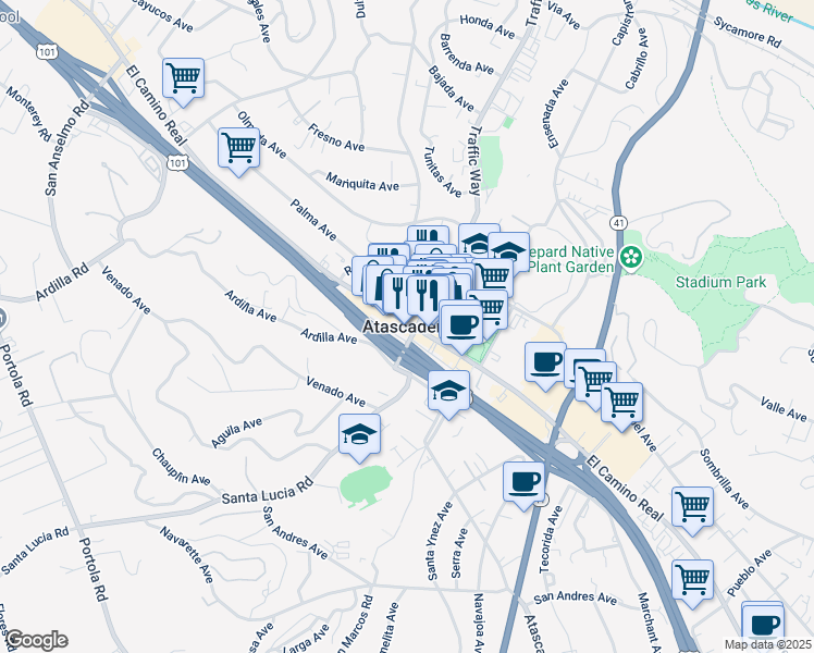 map of restaurants, bars, coffee shops, grocery stores, and more near 6900 Graves Creek Road in Atascadero