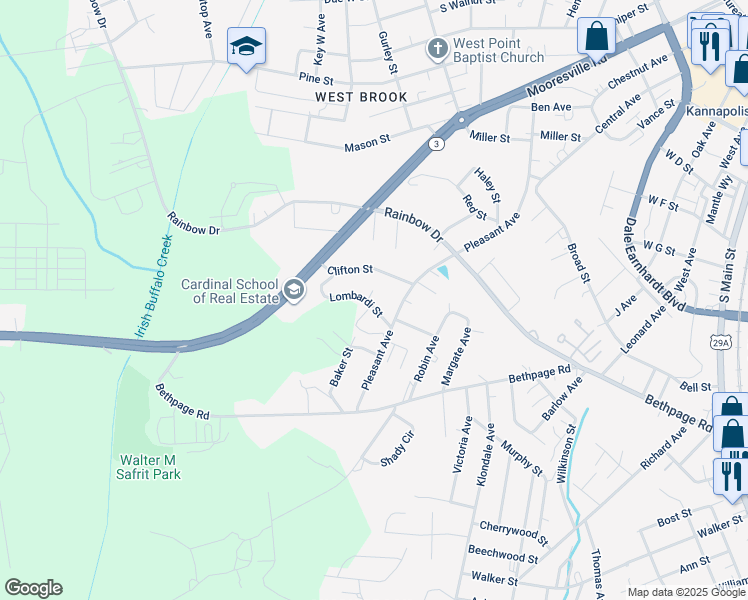 map of restaurants, bars, coffee shops, grocery stores, and more near 1180 Lombardi Street in Kannapolis