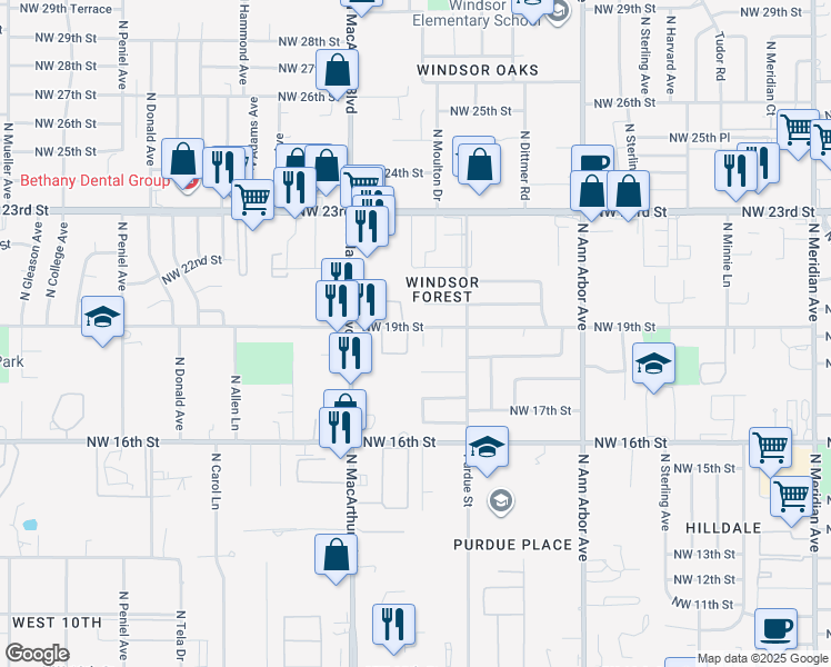map of restaurants, bars, coffee shops, grocery stores, and more near 1917 North Moulton Court in Oklahoma City