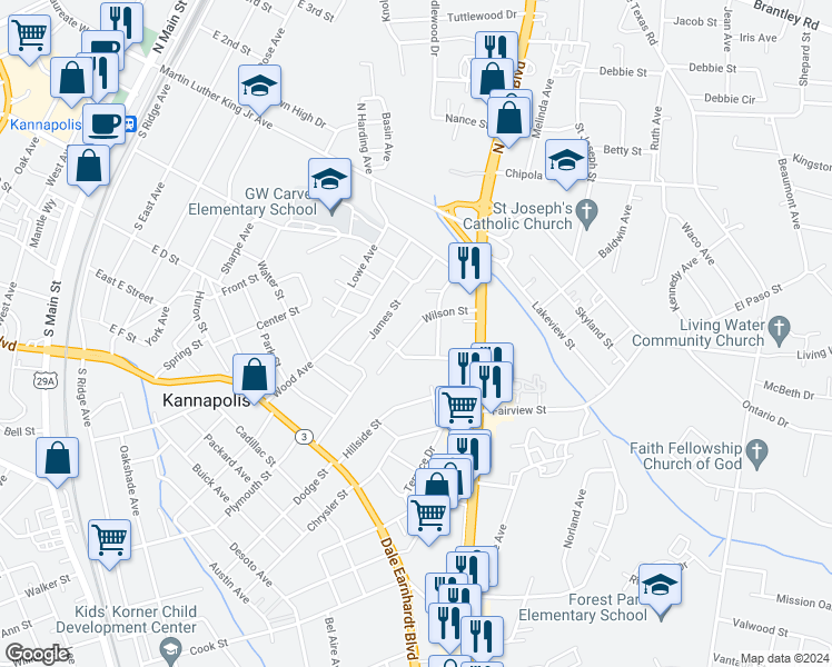 map of restaurants, bars, coffee shops, grocery stores, and more near 650 Wilson Street in Kannapolis