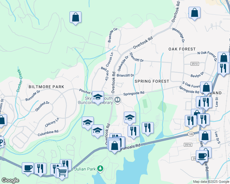 map of restaurants, bars, coffee shops, grocery stores, and more near 102 Cedar Forest Trail in Asheville