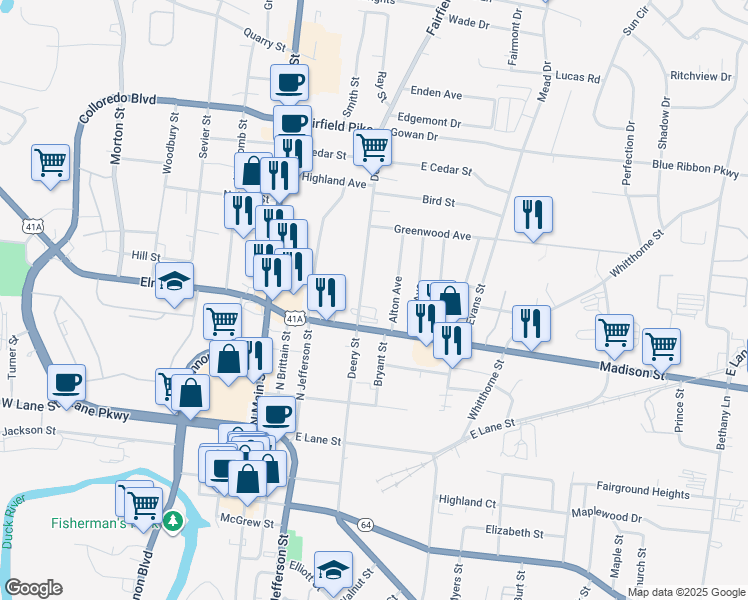 map of restaurants, bars, coffee shops, grocery stores, and more near 719 Alton Avenue in Shelbyville