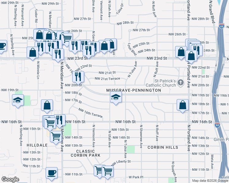 map of restaurants, bars, coffee shops, grocery stores, and more near 4150 Northwest 20th Street in Oklahoma City