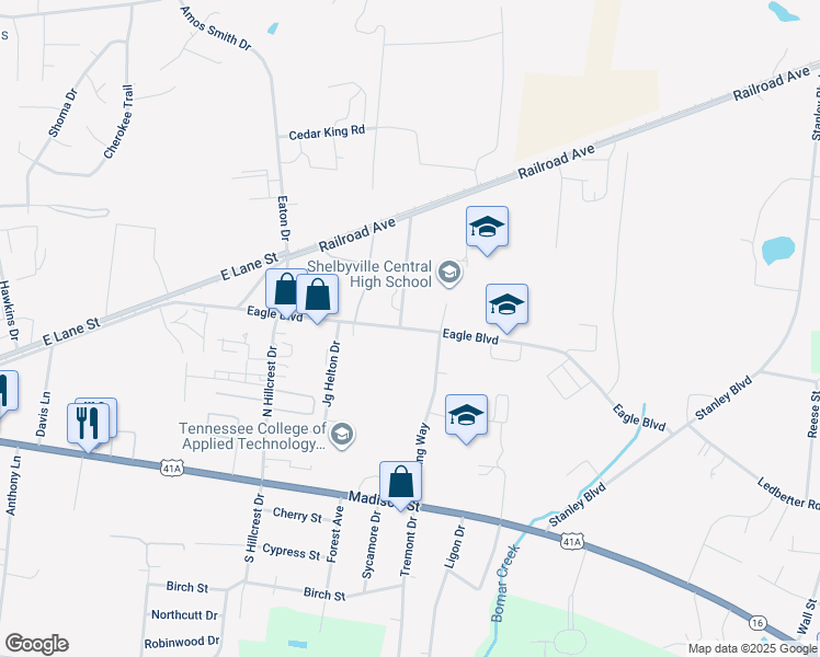 map of restaurants, bars, coffee shops, grocery stores, and more near 401 Eagle Boulevard in Shelbyville
