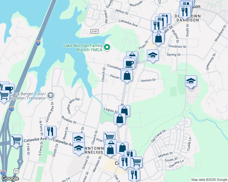 map of restaurants, bars, coffee shops, grocery stores, and more near in Cornelius