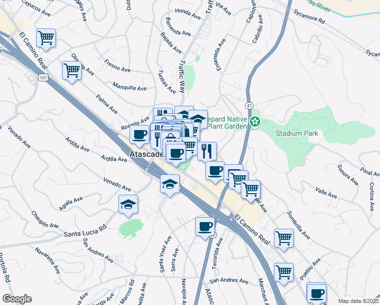 map of restaurants, bars, coffee shops, grocery stores, and more near 6500 Palma Avenue in Atascadero