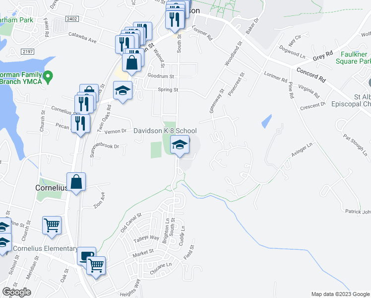 map of restaurants, bars, coffee shops, grocery stores, and more near 635 South Street in Davidson