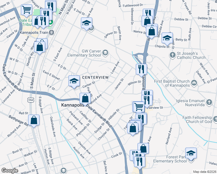 map of restaurants, bars, coffee shops, grocery stores, and more near 324 Wood Avenue in Kannapolis