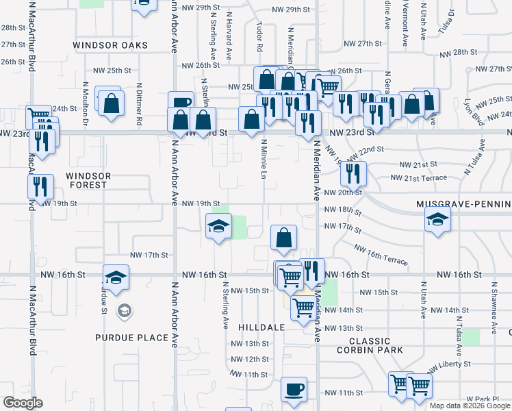 map of restaurants, bars, coffee shops, grocery stores, and more near 4636 Northwest 19th Street in Oklahoma City