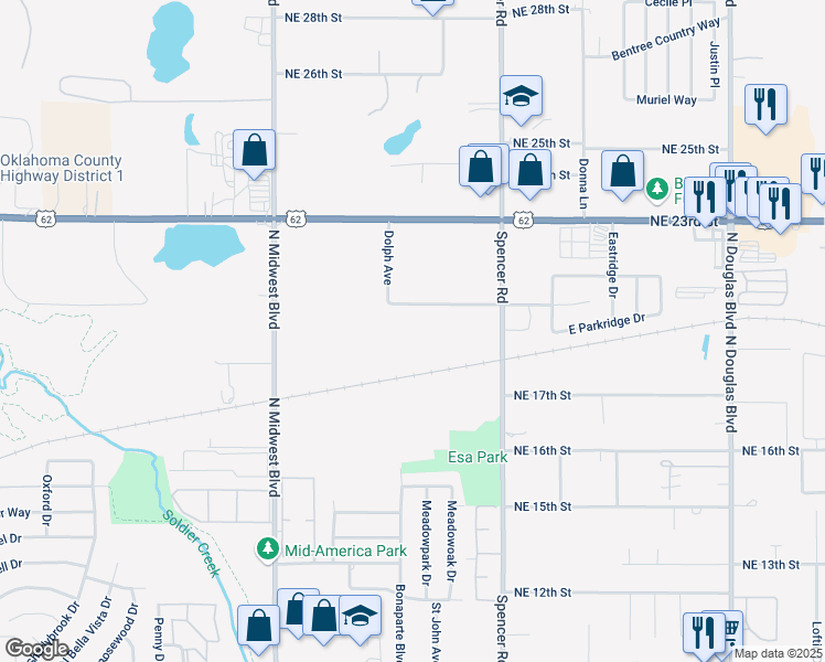 map of restaurants, bars, coffee shops, grocery stores, and more near 8204 Northeast 20th Street in Oklahoma City