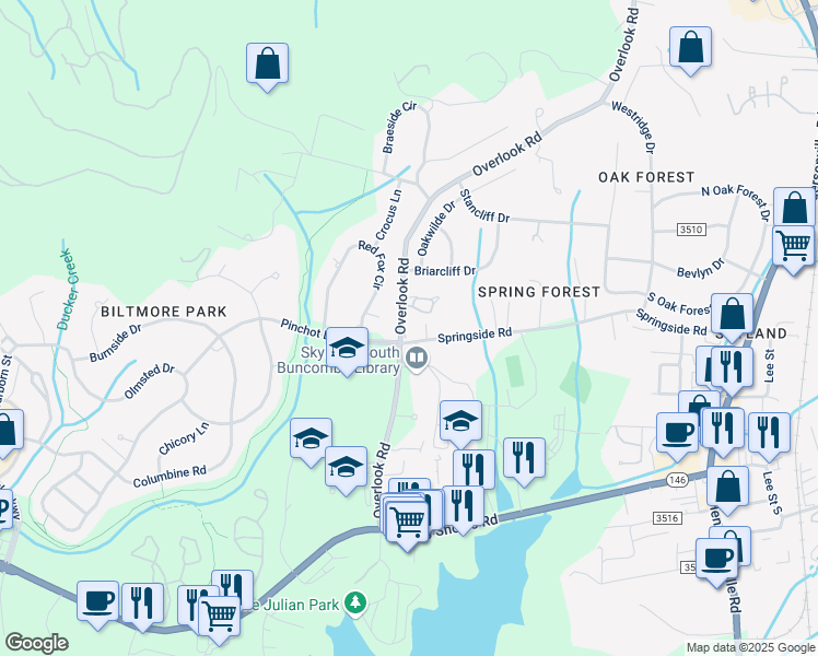 map of restaurants, bars, coffee shops, grocery stores, and more near 143 Cedar Forest Trail in Asheville