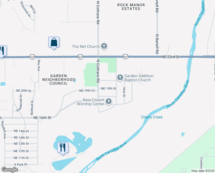 map of restaurants, bars, coffee shops, grocery stores, and more near 4225 Northeast 19th Street in Oklahoma City