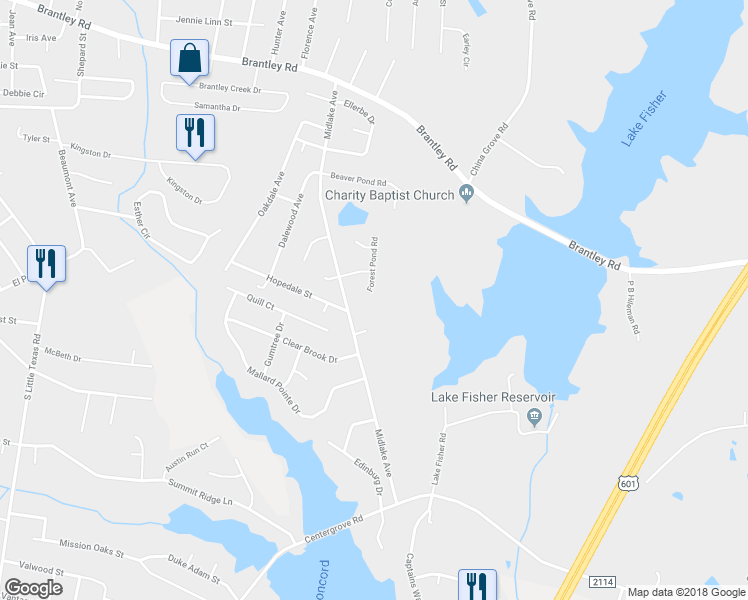 map of restaurants, bars, coffee shops, grocery stores, and more near 210 Forest Pond Road in Kannapolis