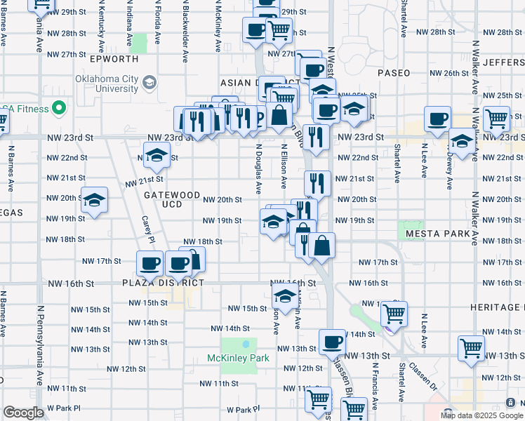 map of restaurants, bars, coffee shops, grocery stores, and more near 1400 Northwest 20th Street in Oklahoma City