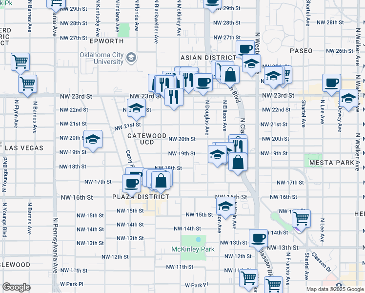 map of restaurants, bars, coffee shops, grocery stores, and more near 1512 Northwest 20th Street in Oklahoma City