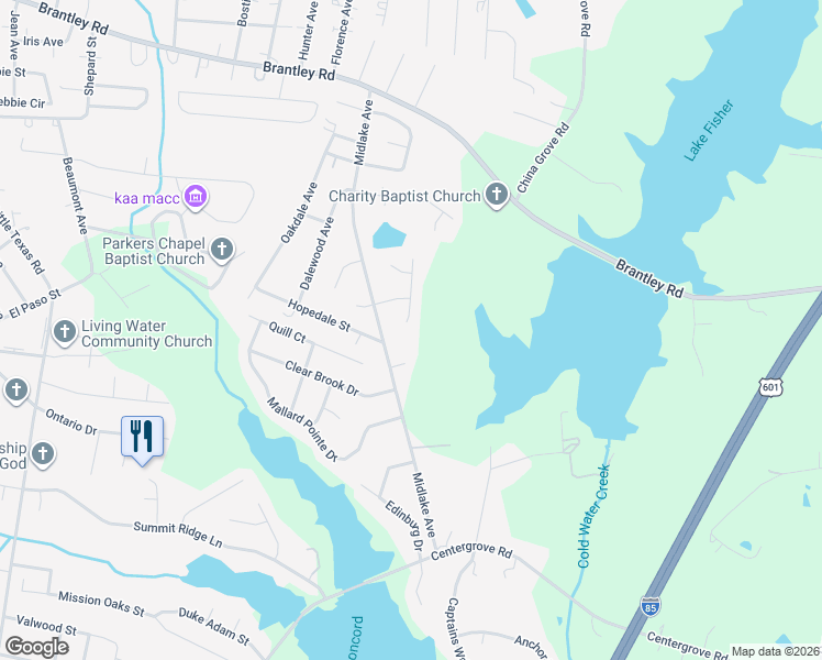 map of restaurants, bars, coffee shops, grocery stores, and more near 210 Forest Pond Road in Kannapolis