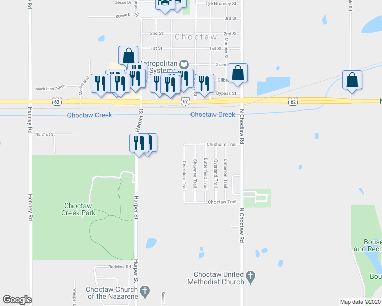 map of restaurants, bars, coffee shops, grocery stores, and more near 1913 Shawnee Trail in Choctaw