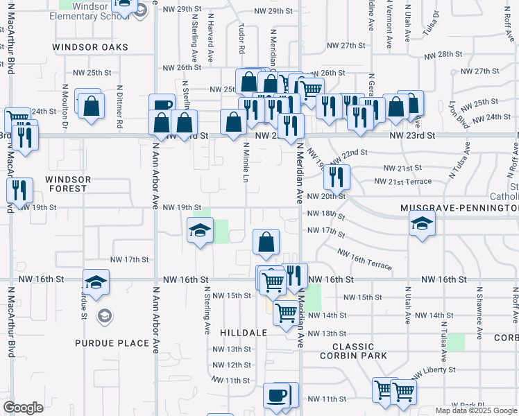 map of restaurants, bars, coffee shops, grocery stores, and more near 4600 Northwest 19th Street in Oklahoma City