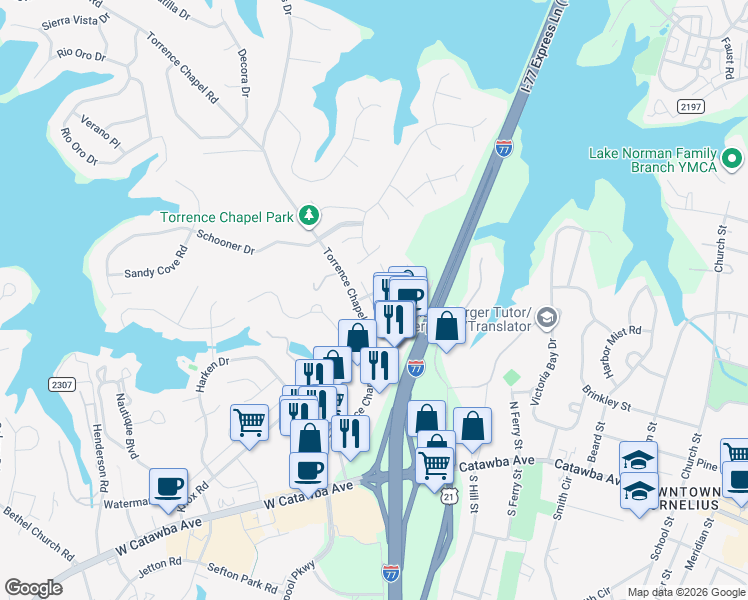 map of restaurants, bars, coffee shops, grocery stores, and more near 20216 Harroway Drive in Cornelius