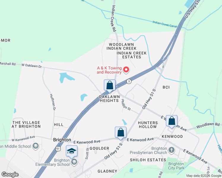 map of restaurants, bars, coffee shops, grocery stores, and more near Highway 51 South in Brighton