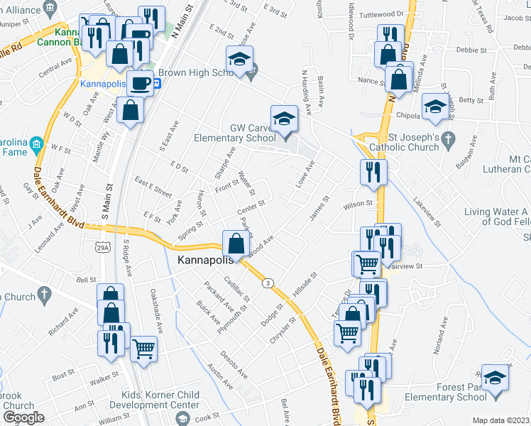 map of restaurants, bars, coffee shops, grocery stores, and more near 535 Walter Street in Kannapolis