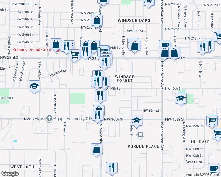 map of restaurants, bars, coffee shops, grocery stores, and more near 5743 Northwest 19th Street in Oklahoma City