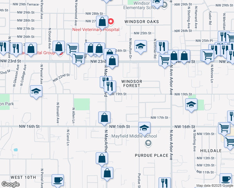 map of restaurants, bars, coffee shops, grocery stores, and more near 5735 Northwest 19th Street in Oklahoma City