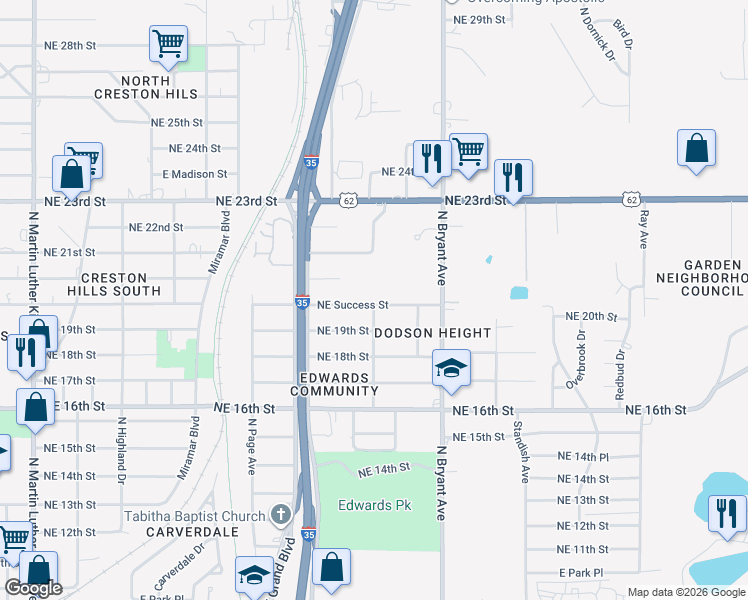 map of restaurants, bars, coffee shops, grocery stores, and more near 2725 Northeast Success Street in Oklahoma City