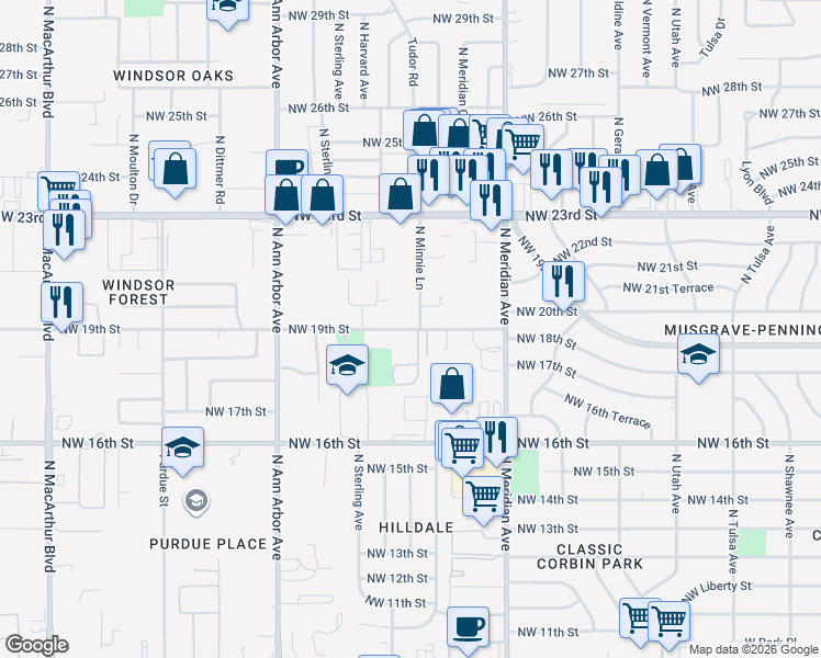 map of restaurants, bars, coffee shops, grocery stores, and more near 4629 Northwest 19th Street in Oklahoma City