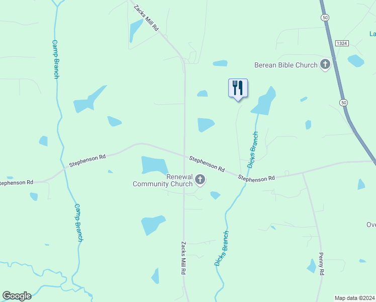 map of restaurants, bars, coffee shops, grocery stores, and more near 2800 Stephenson Road in Angier
