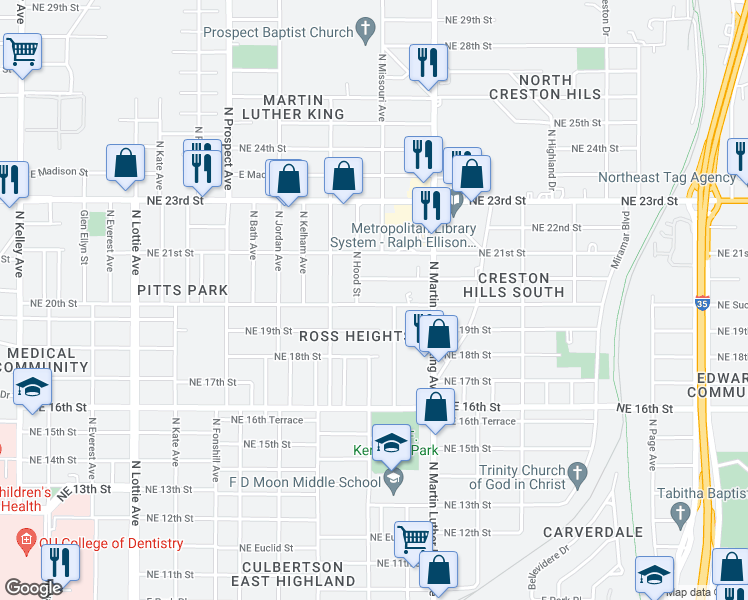 map of restaurants, bars, coffee shops, grocery stores, and more near 1813 Northeast 20th Street in Oklahoma City