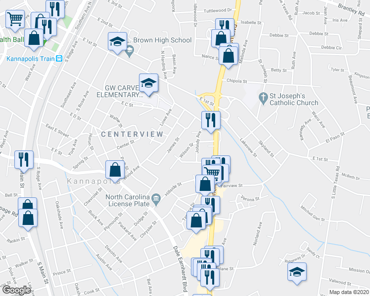 map of restaurants, bars, coffee shops, grocery stores, and more near 217 James Street in Kannapolis