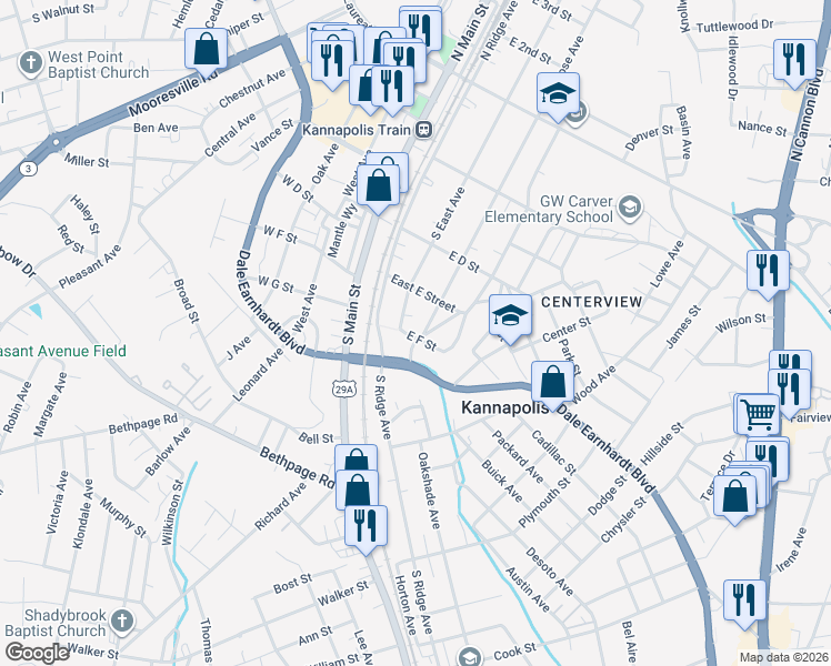 map of restaurants, bars, coffee shops, grocery stores, and more near 406 South Rose Avenue in Kannapolis