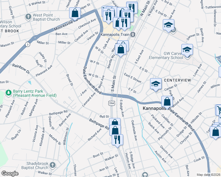 map of restaurants, bars, coffee shops, grocery stores, and more near 504 South Main Street in Kannapolis