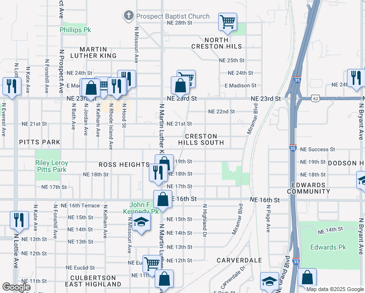map of restaurants, bars, coffee shops, grocery stores, and more near 2100 Hardin Drive in Oklahoma City