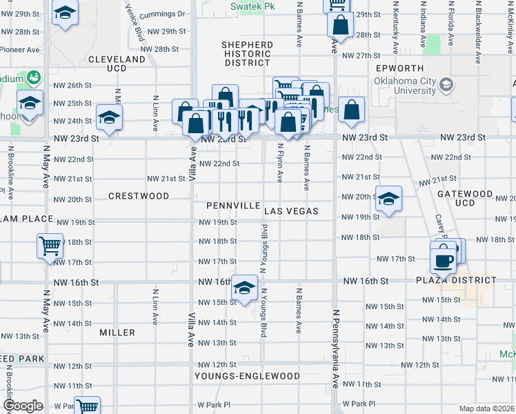 map of restaurants, bars, coffee shops, grocery stores, and more near 2301 Northwest 20th Street in Oklahoma City