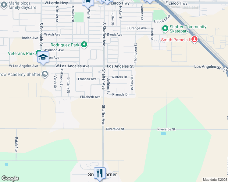 map of restaurants, bars, coffee shops, grocery stores, and more near 905 Kelsey Court in Shafter