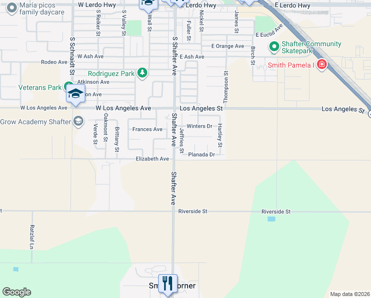 map of restaurants, bars, coffee shops, grocery stores, and more near 905 Kelsey Court in Shafter