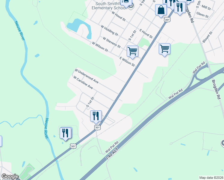 map of restaurants, bars, coffee shops, grocery stores, and more near 205 East Underwood Avenue in Smithfield