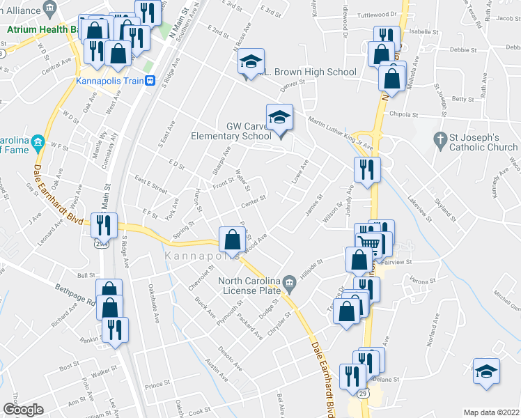 map of restaurants, bars, coffee shops, grocery stores, and more near 527 Walter Street in Kannapolis