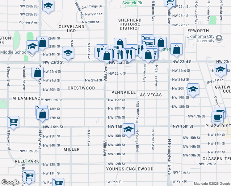 map of restaurants, bars, coffee shops, grocery stores, and more near 2413 Northwest 20th Street in Oklahoma City