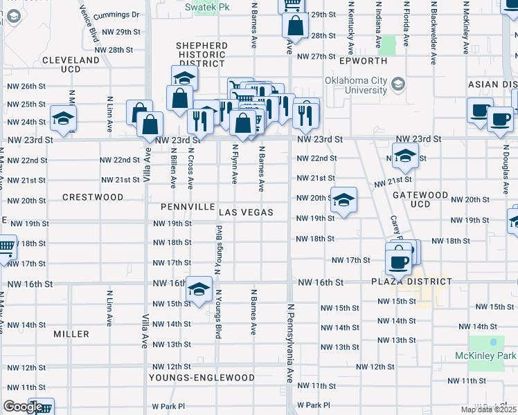 map of restaurants, bars, coffee shops, grocery stores, and more near 2200 Northwest 20th Street in Oklahoma City