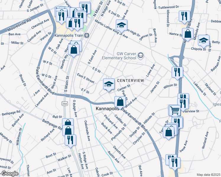 map of restaurants, bars, coffee shops, grocery stores, and more near 524 Old Centergrove Road in Kannapolis