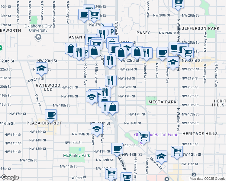 map of restaurants, bars, coffee shops, grocery stores, and more near 2000 North Classen Boulevard in Oklahoma City